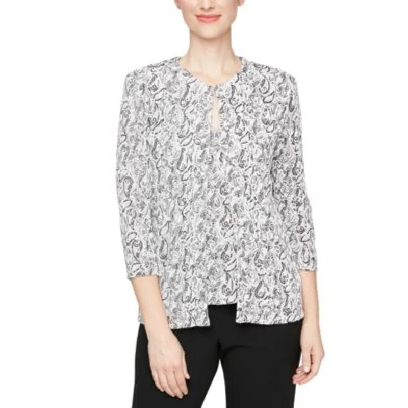 Alex Evenings Women's Printed Glitter Knit Turtle Dove 2 Piece Top, Size Medium