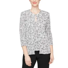 Alex Evenings Women's Printed Glitter Knit Turtle Dove 2 Piece Top, Size Medium