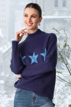 Alison Sheri 44478 Navy Star Knit Funnel Neck Jumper