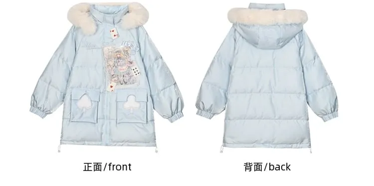 Applique Blue Hooded Down Coat