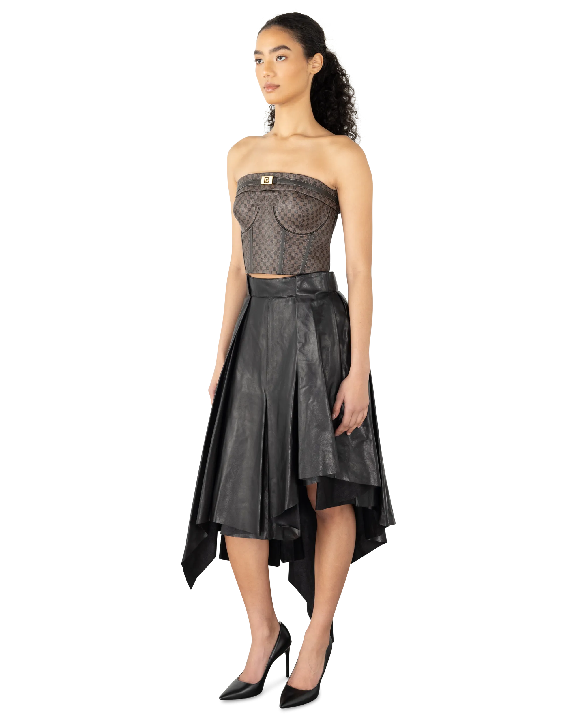 Asymmetrical Pleated Midi Leather Skirt