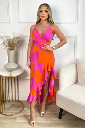 AX PARIS PINK AND ORANGE FLORAL PRINTED WRAP OVER STRAPPY MIDI DRESS