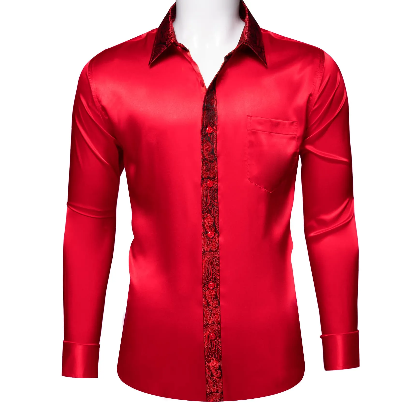 Barry Wang Crimson Red Splicing Shirt Paisley Cuff Long Sleeve Shirt