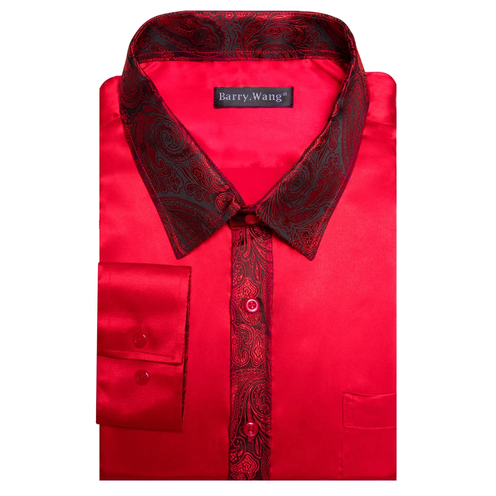 Barry Wang Crimson Red Splicing Shirt Paisley Cuff Long Sleeve Shirt