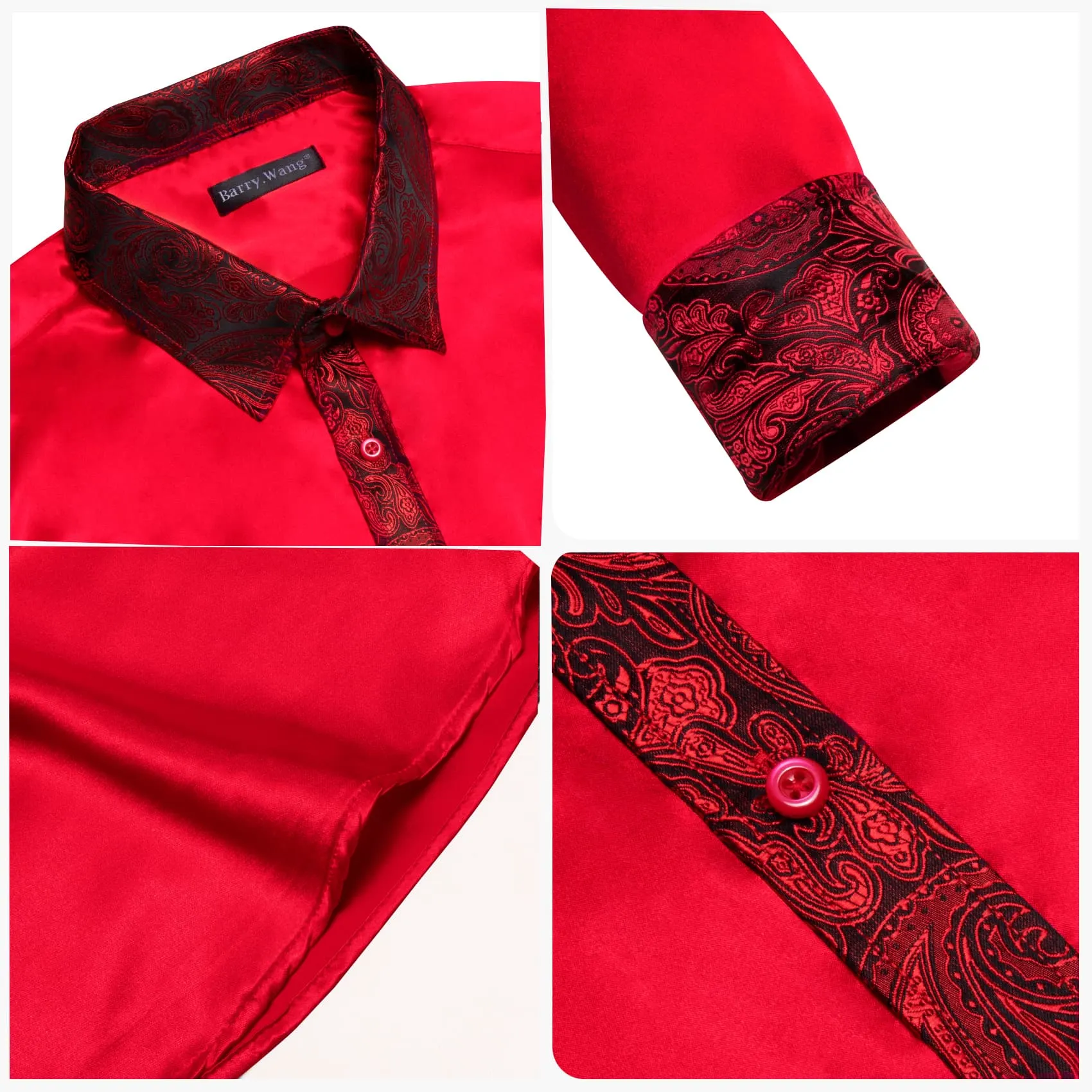 Barry Wang Crimson Red Splicing Shirt Paisley Cuff Long Sleeve Shirt