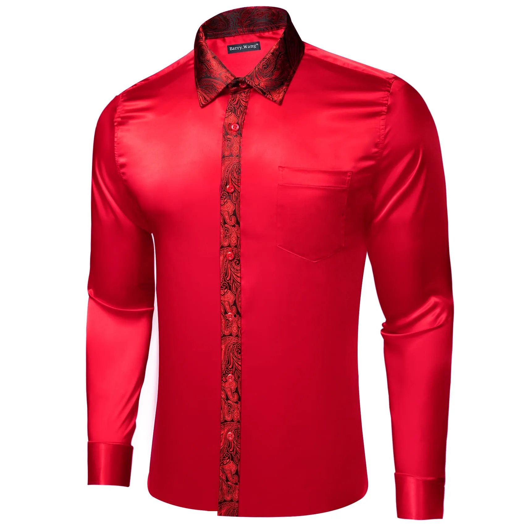 Barry Wang Crimson Red Splicing Shirt Paisley Cuff Long Sleeve Shirt