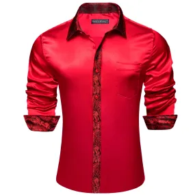 Barry Wang Crimson Red Splicing Shirt Paisley Cuff Long Sleeve Shirt