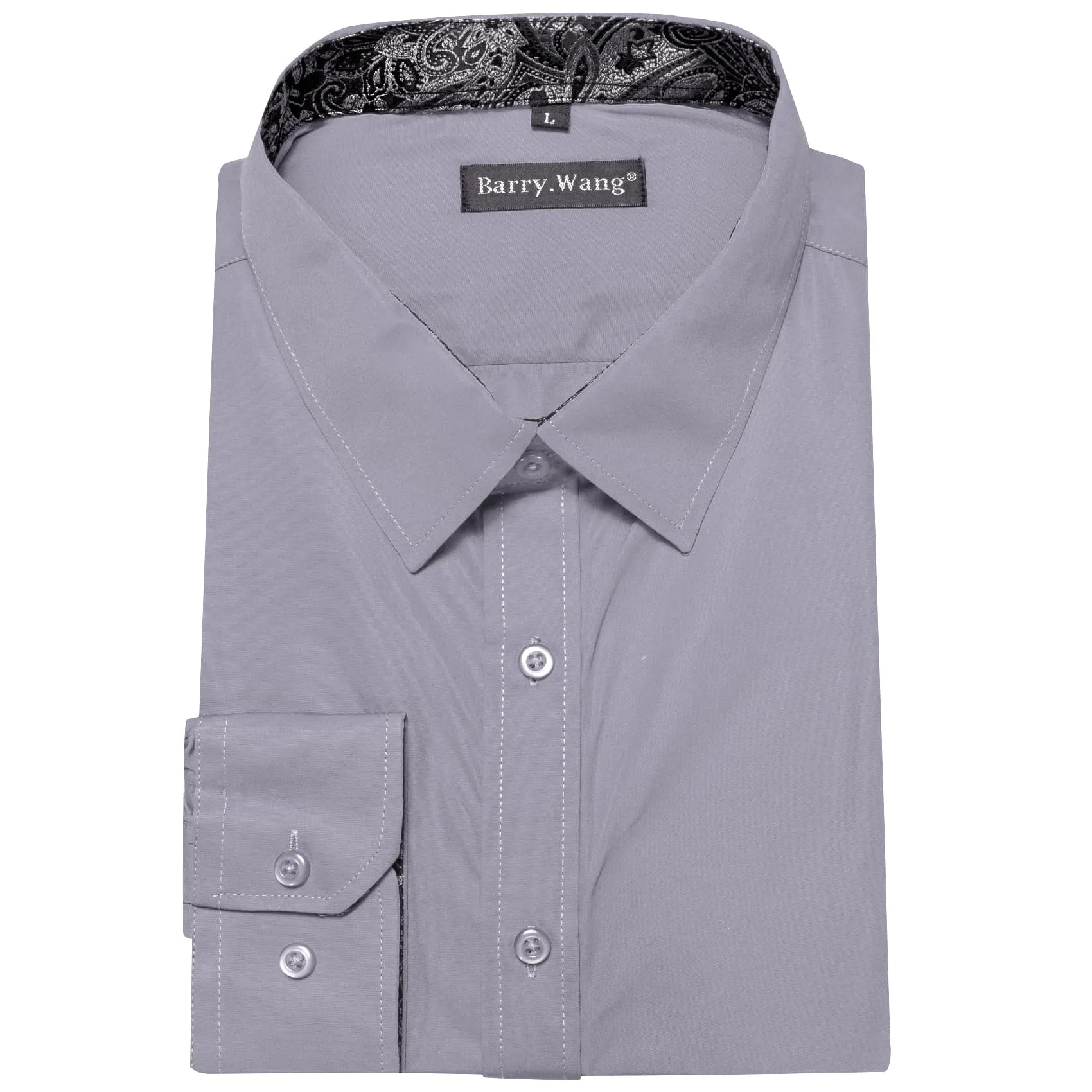 Barry Wang Grey Patchwork Button Up Shirt with Black Paisley Cuffs