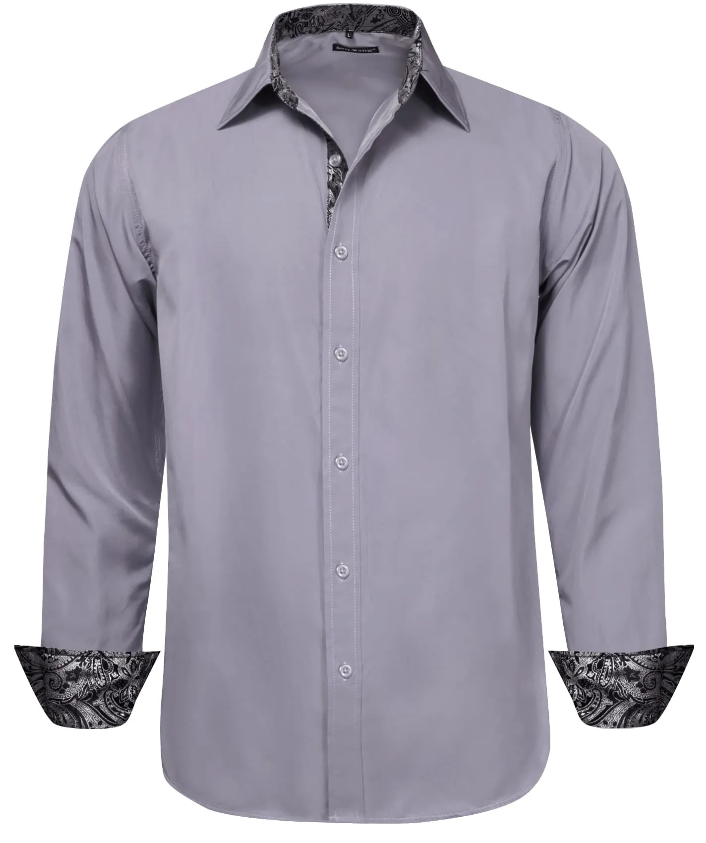 Barry Wang Grey Patchwork Button Up Shirt with Black Paisley Cuffs