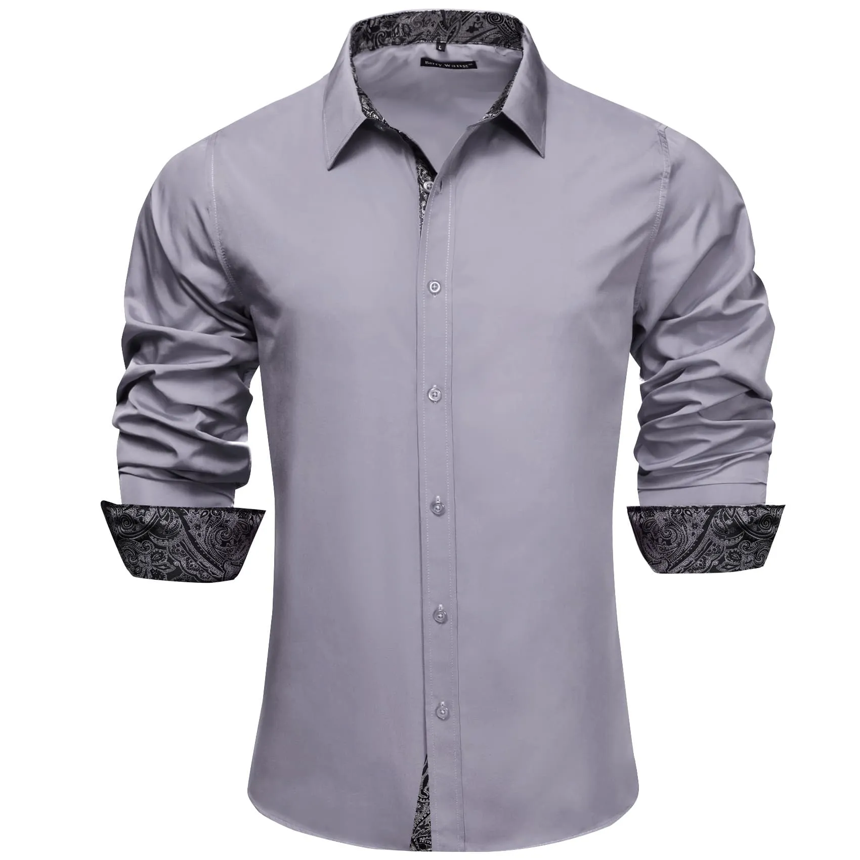 Barry Wang Grey Patchwork Button Up Shirt with Black Paisley Cuffs