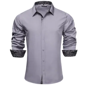 Barry Wang Grey Patchwork Button Up Shirt with Black Paisley Cuffs
