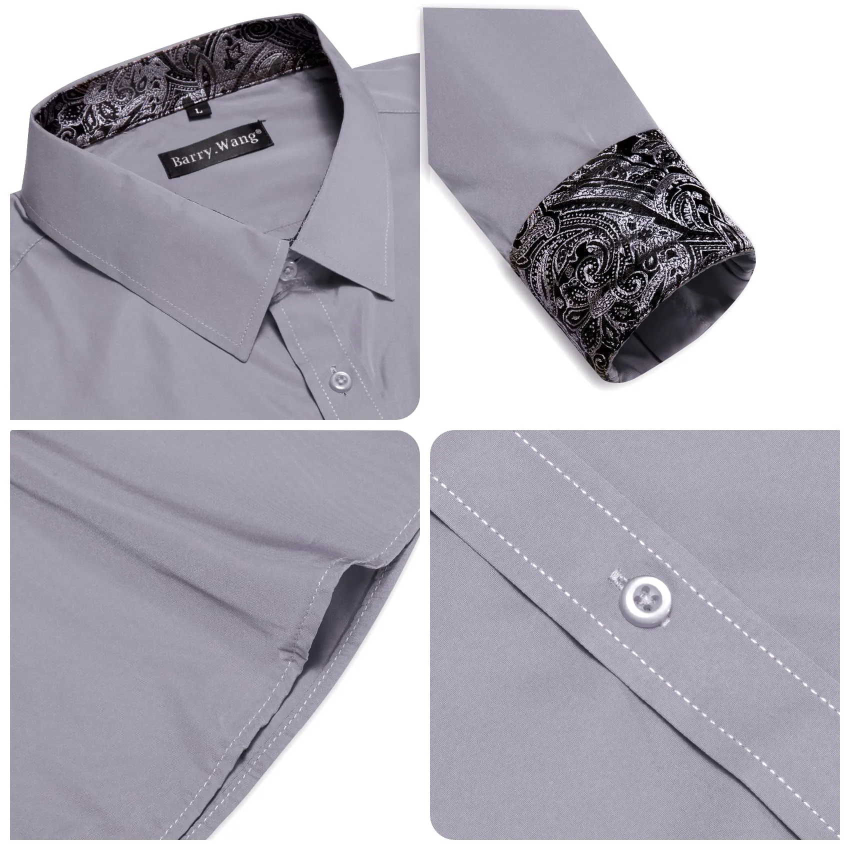 Barry Wang Grey Patchwork Button Up Shirt with Black Paisley Cuffs