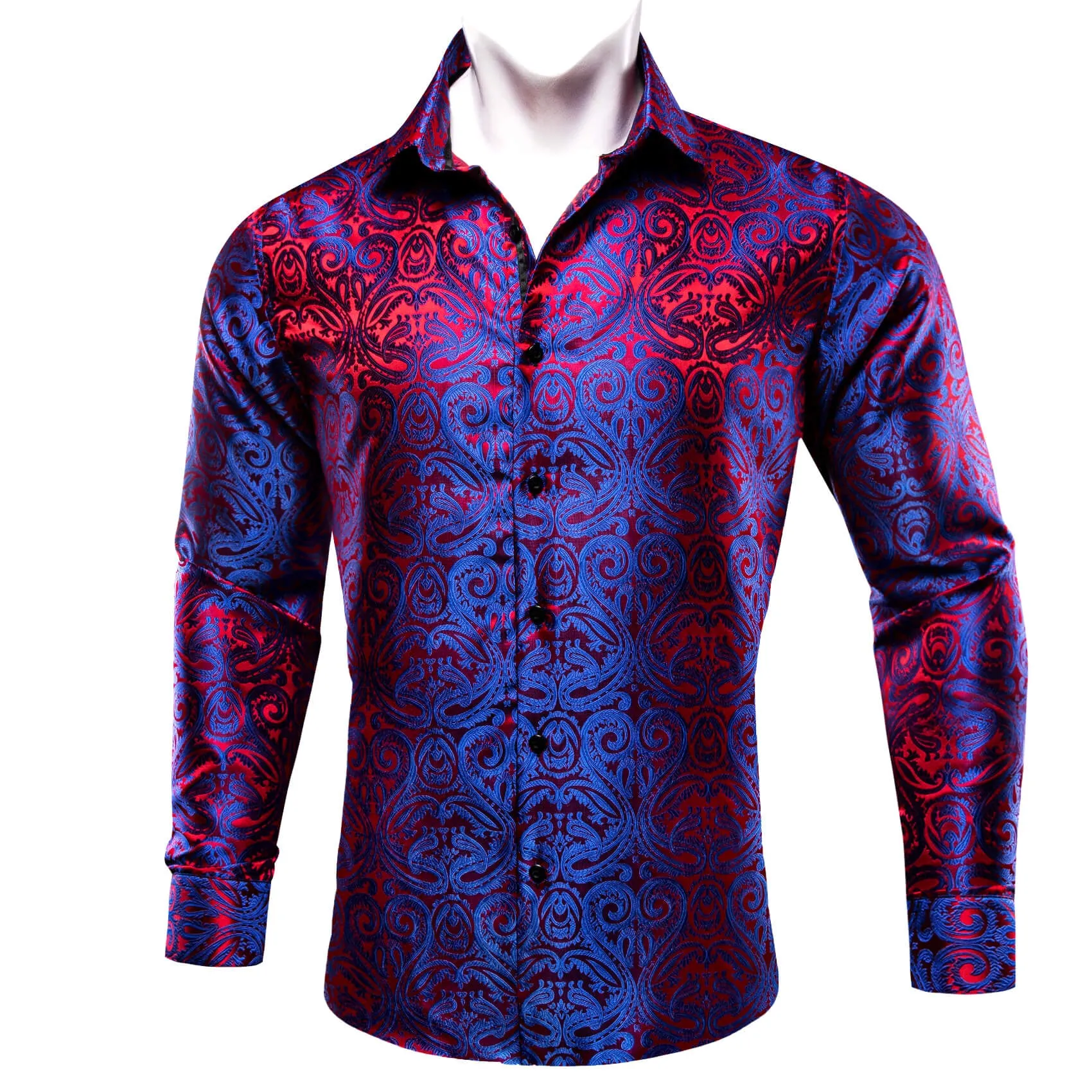 Barry Wang Men's Shirt Blue Red Paisley Silk Long Sleeve Shirt