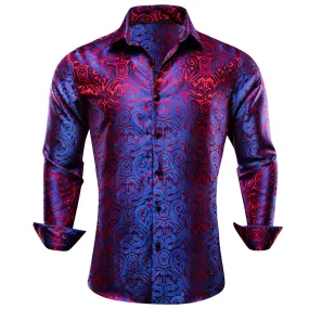Barry Wang Men's Shirt Blue Red Paisley Silk Long Sleeve Shirt