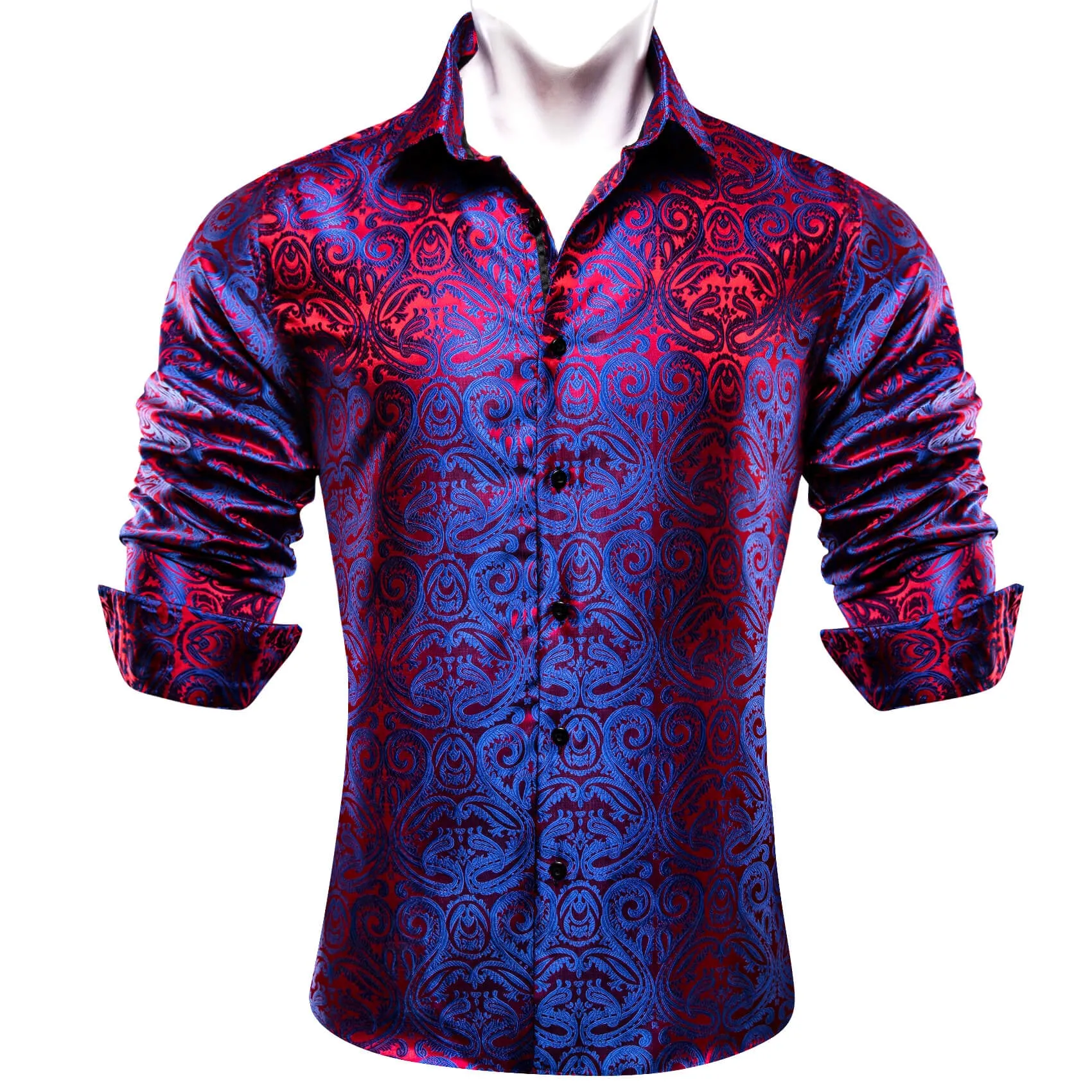 Barry Wang Men's Shirt Blue Red Paisley Silk Long Sleeve Shirt