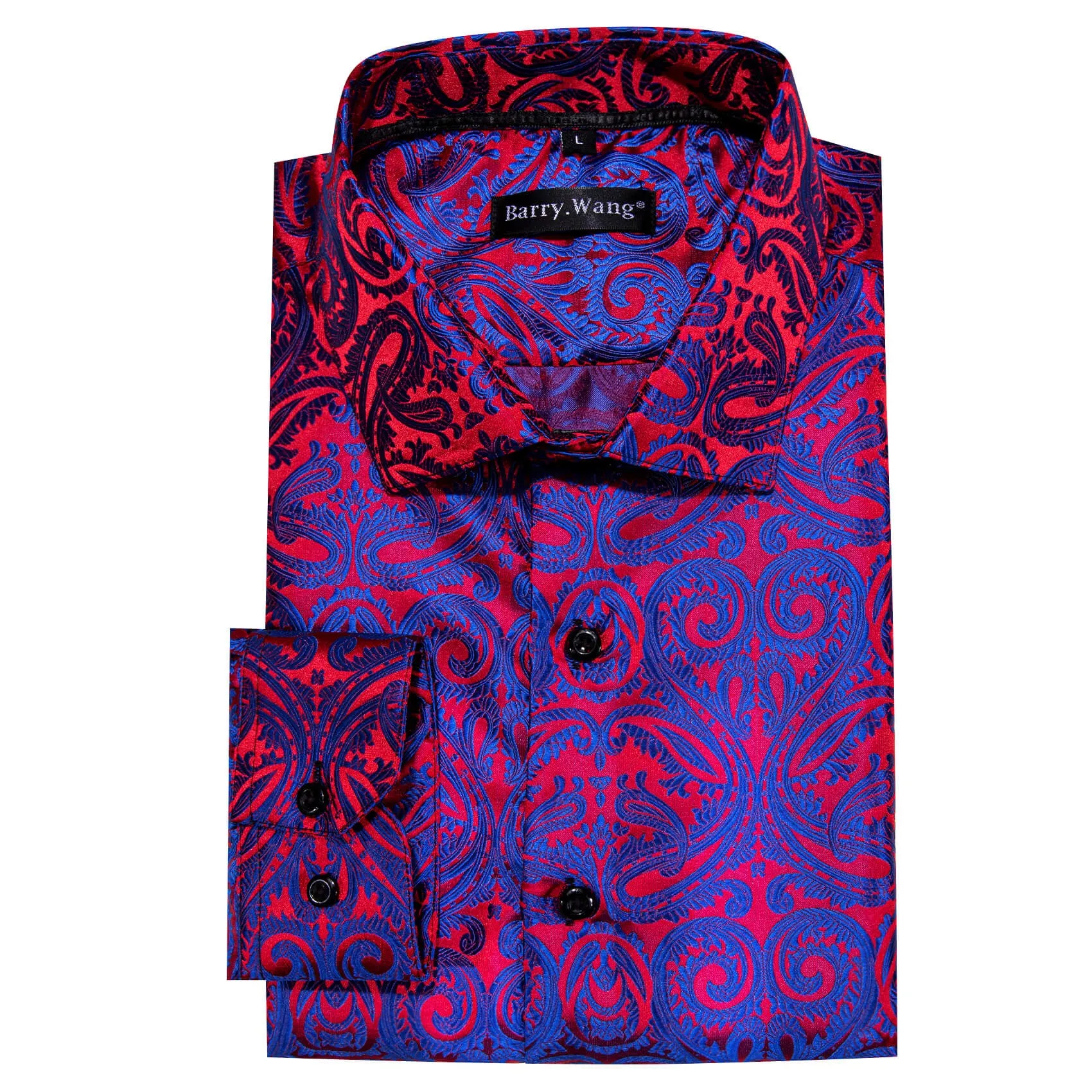 Barry Wang Men's Shirt Blue Red Paisley Silk Long Sleeve Shirt