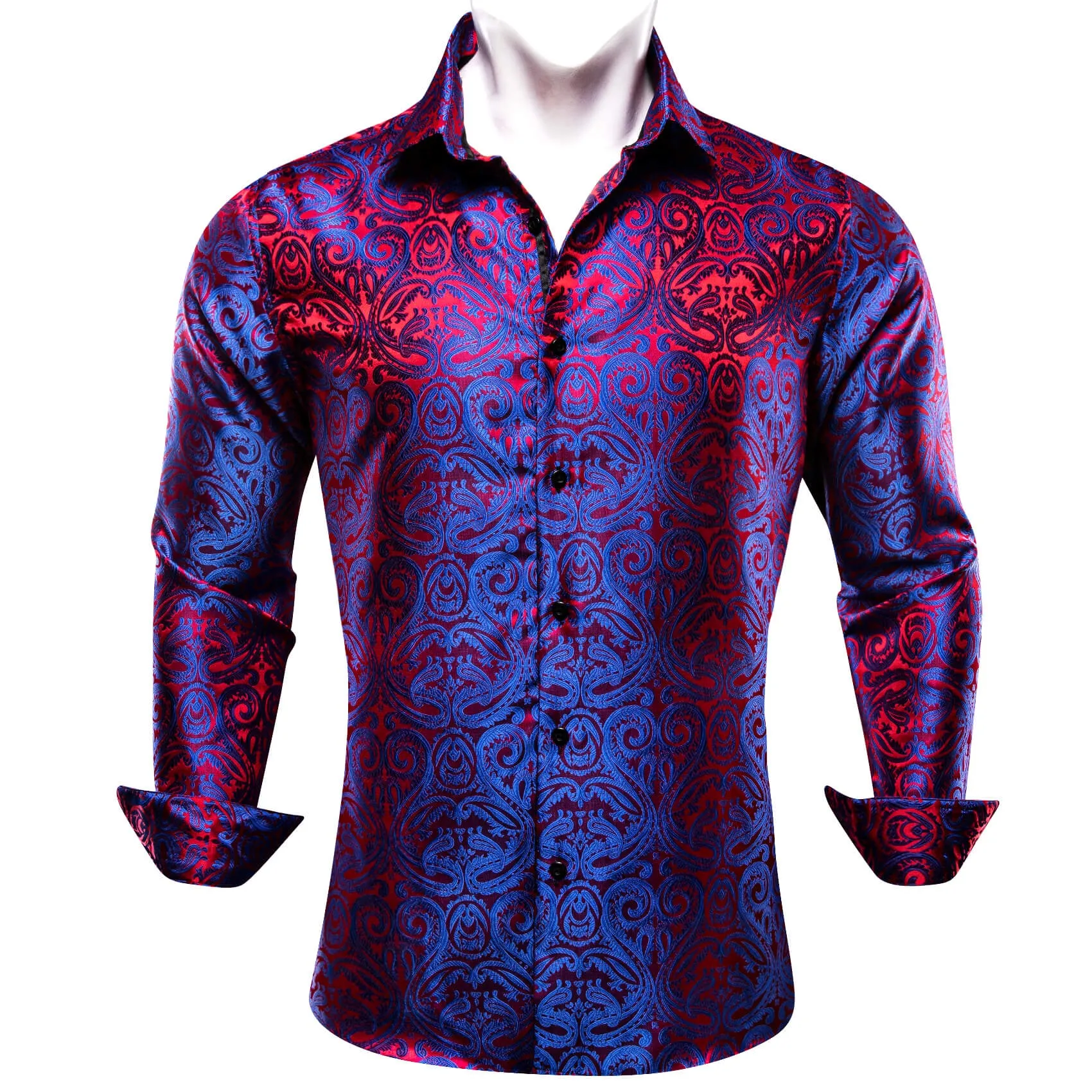 Barry Wang Men's Shirt Blue Red Paisley Silk Long Sleeve Shirt