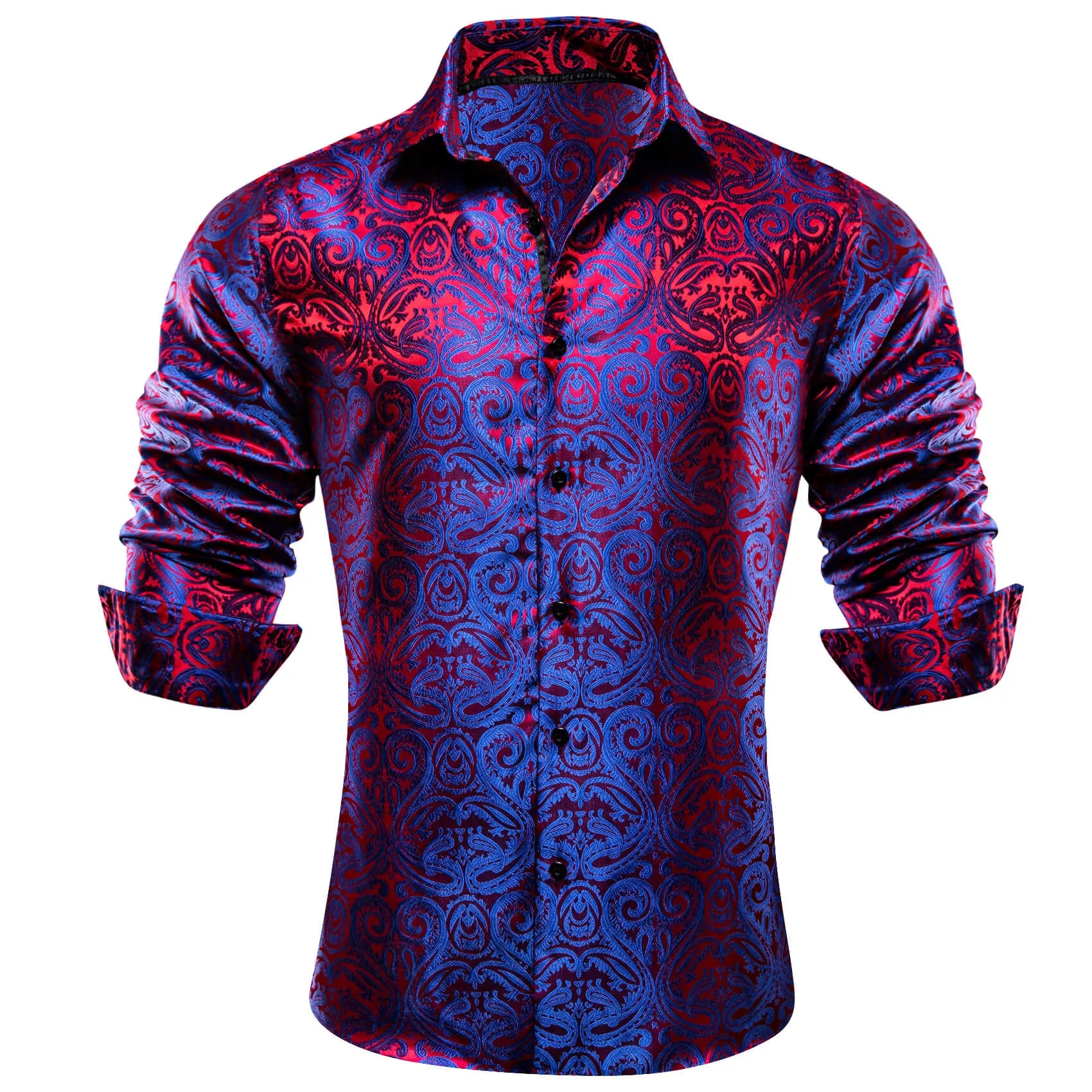 Barry Wang Men's Shirt Blue Red Paisley Silk Long Sleeve Shirt