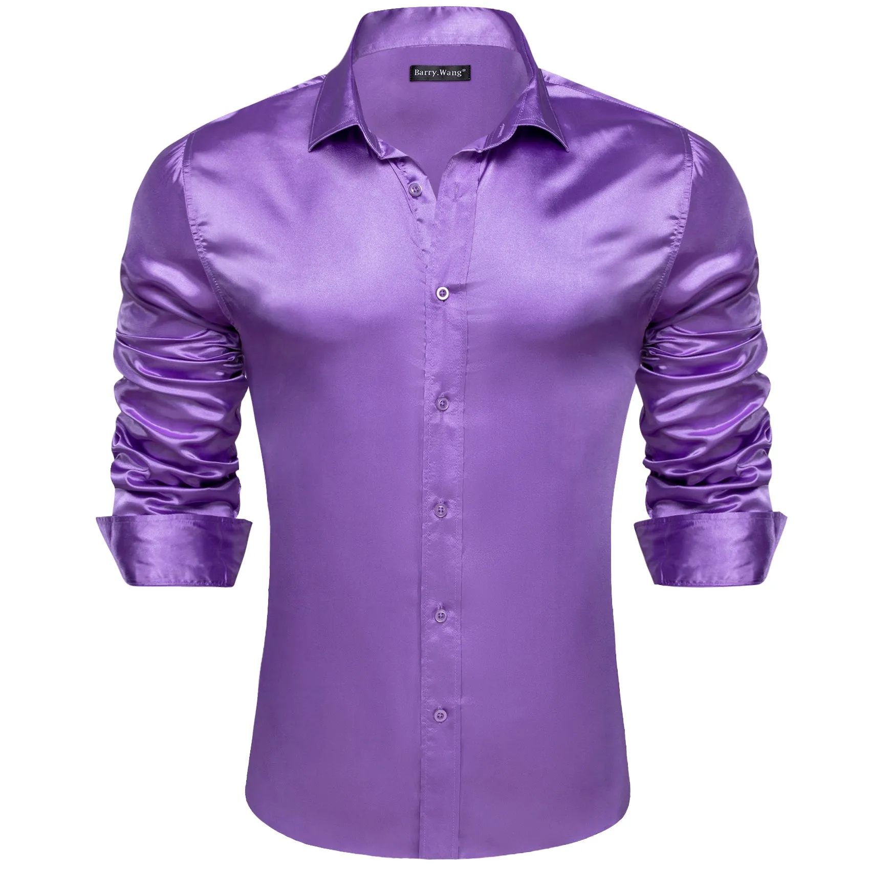 Barry.wang Button Up Shirt Purple Solid Silk Men's Long Sleeve Shirt