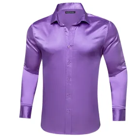 Barry.wang Button Up Shirt Purple Solid Silk Men's Long Sleeve Shirt