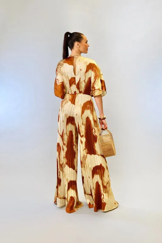 Beige Combo V-Neck Drop Shoulder W/ O-Ring Attached Pleated Jumpsuit