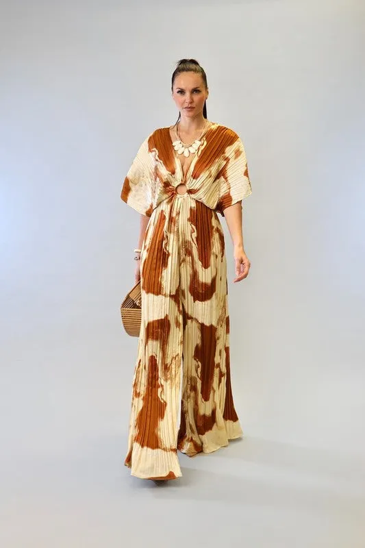 Beige Combo V-Neck Drop Shoulder W/ O-Ring Attached Pleated Jumpsuit