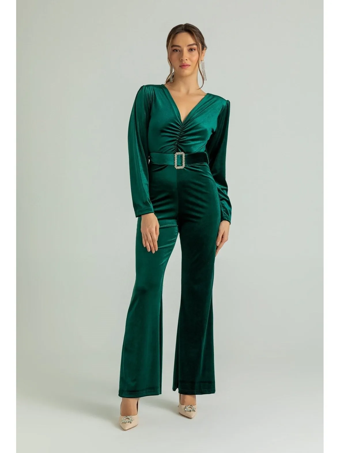 Belted Velvet Jumpsuit – Emerald Green