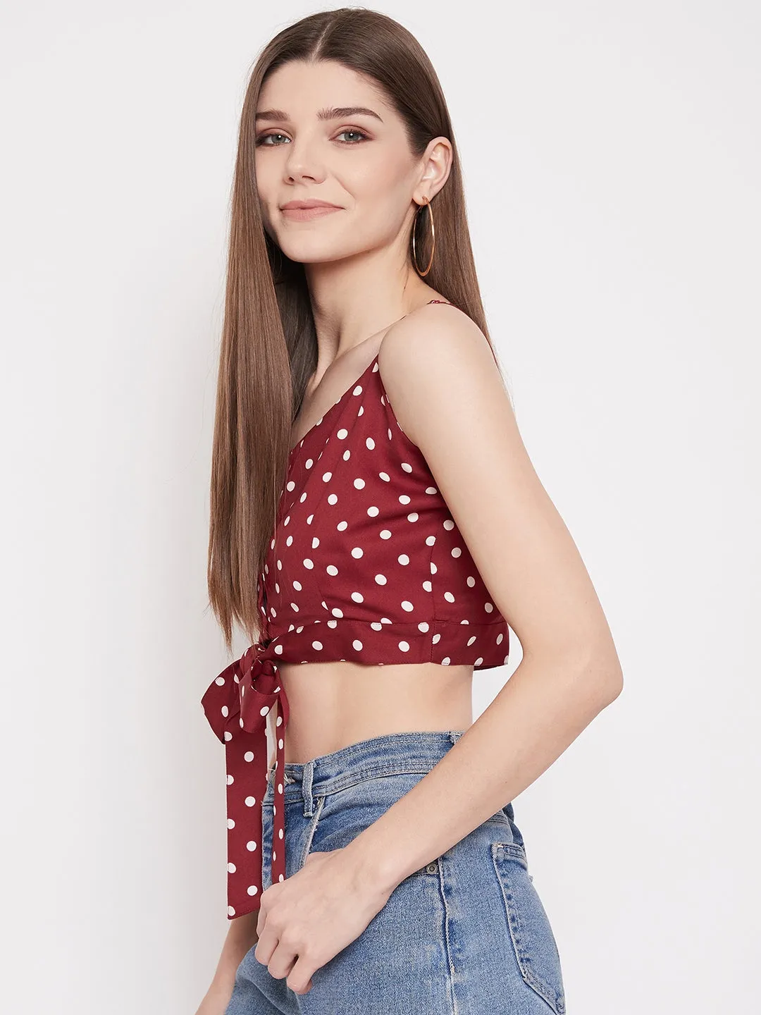 Berrylush Women Red Polka Dot Printed Crop Top