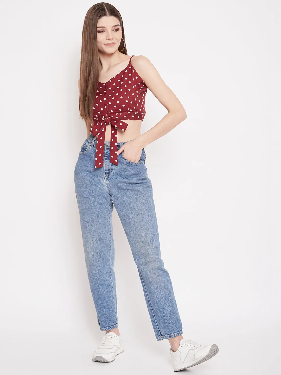 Berrylush Women Red Polka Dot Printed Crop Top