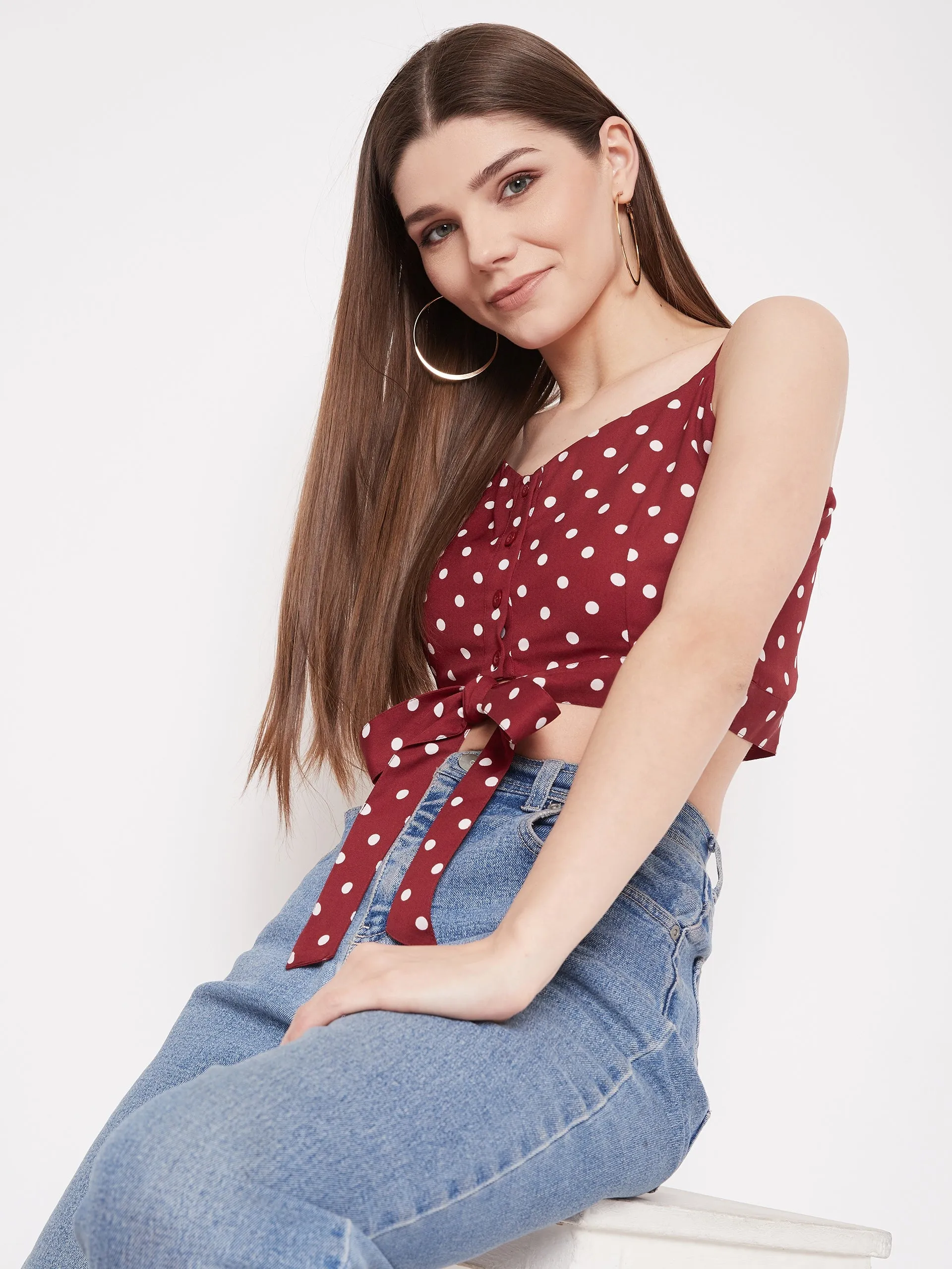 Berrylush Women Red Polka Dot Printed Crop Top