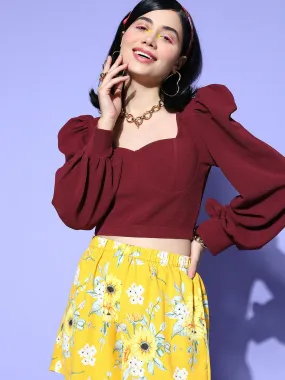 Berrylush Women Solid Maroon Sweetheart Neck Bishop Sleeve Knitted Cropped Top