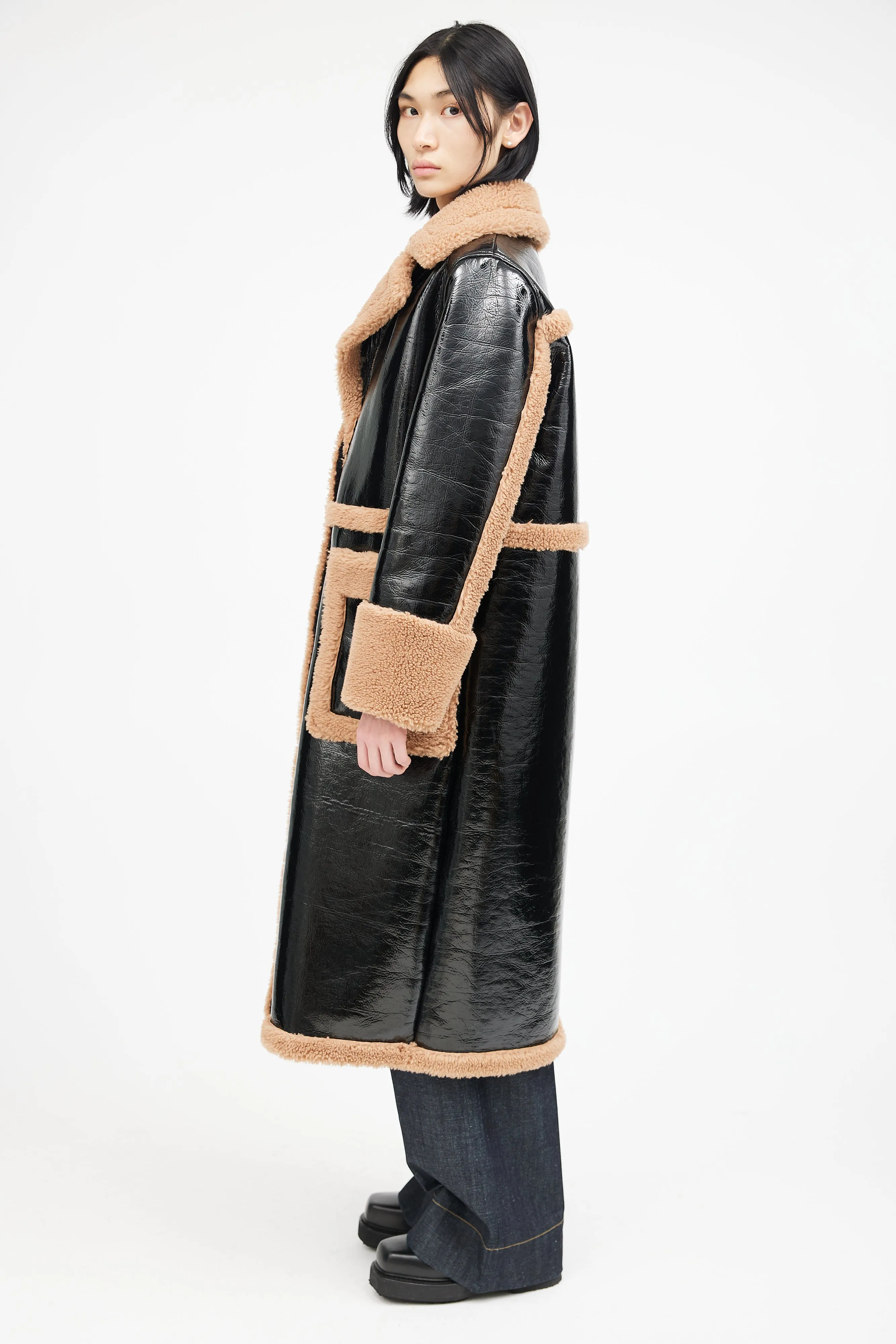 Black & Brown Patent Shearling Coat