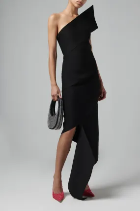 Black Asymmetric Wrap Midi Dress