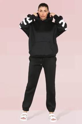 Black Casual Hooded Letter Printing Fleece Hoodie & Elastic Waist Sweatpants Co-ord
