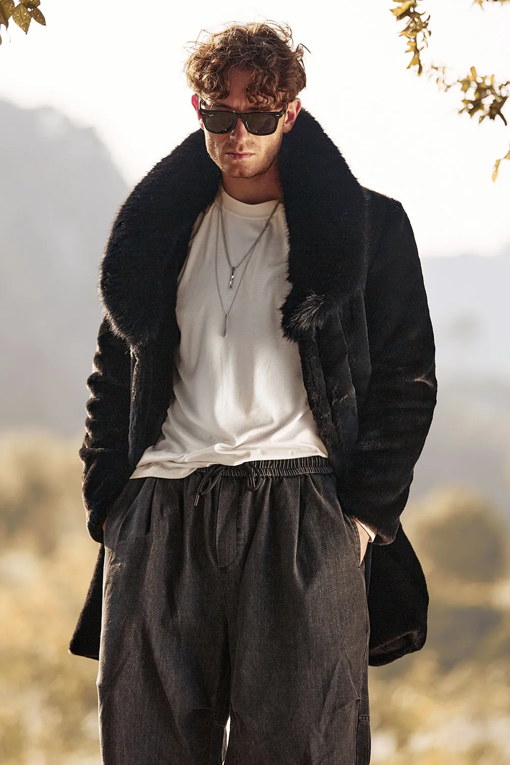 Black Fluffy Shawl Lapel Faux Fur Long Men Coat
