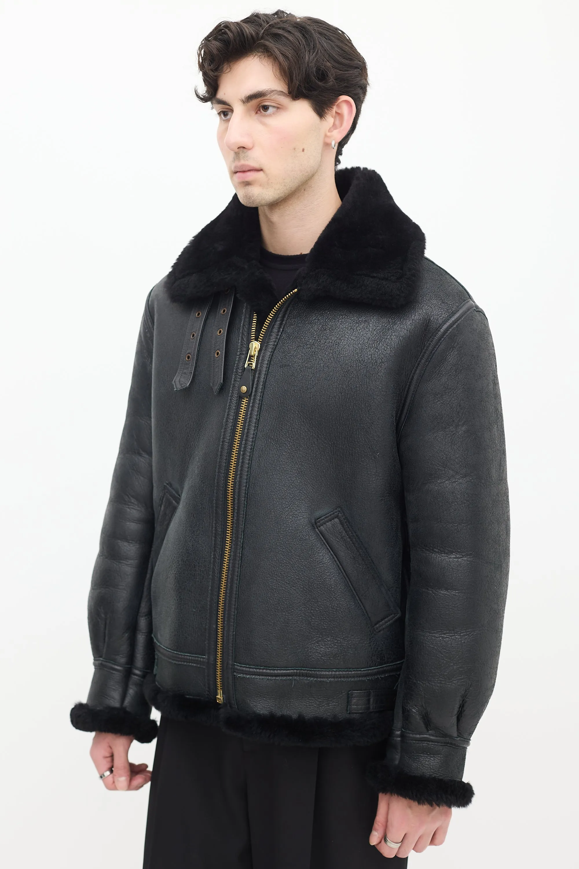 Black Leather & Shearling Lined Moto Jacket