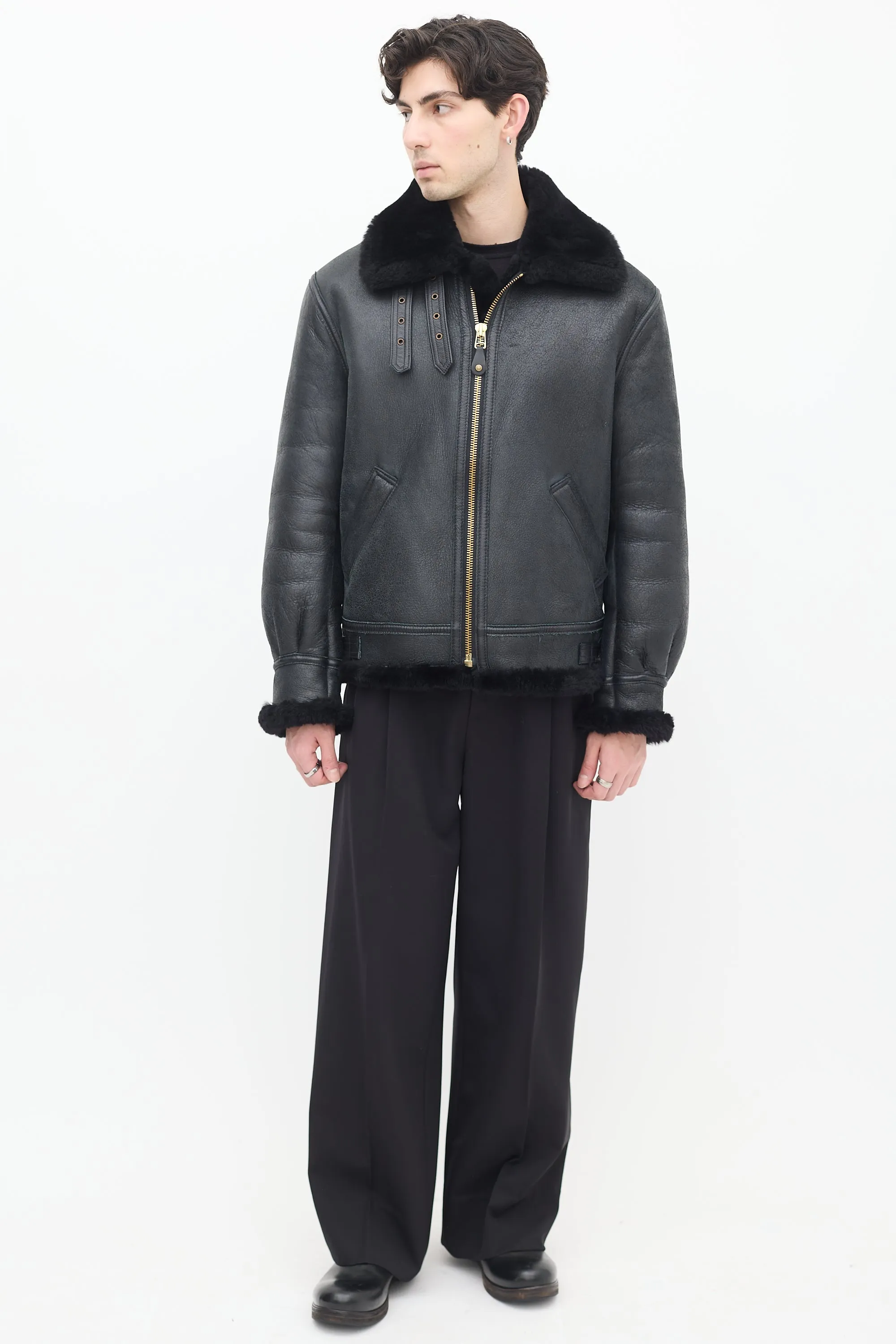 Black Leather & Shearling Lined Moto Jacket