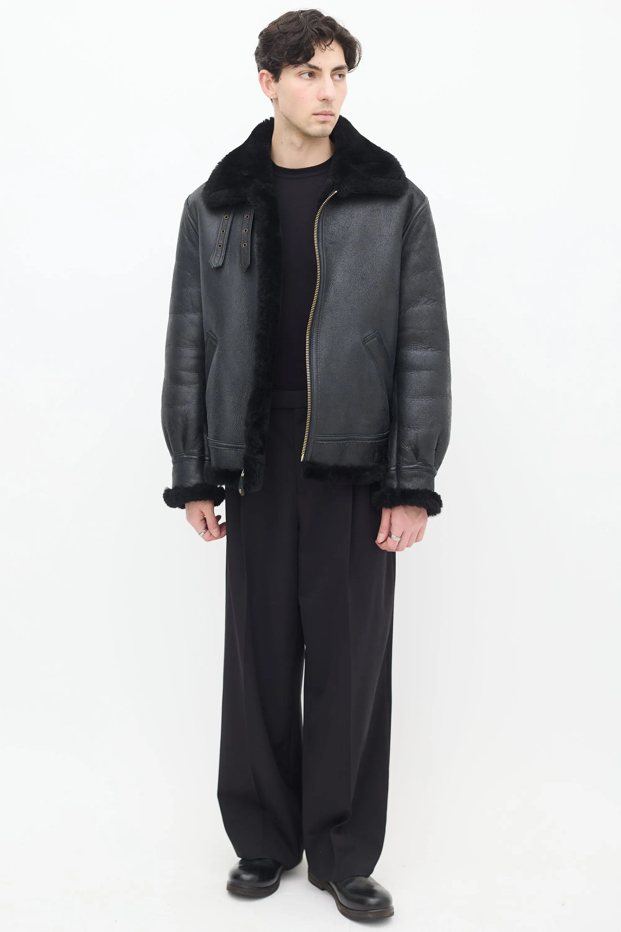 Black Leather & Shearling Lined Moto Jacket
