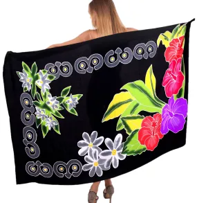 Black Non-Sheer Hand Painted Tropical Flower Beach Wrap For Women