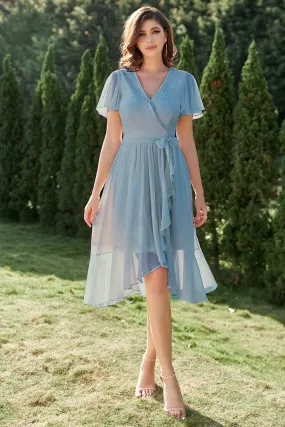 Blue Chiffon Wrap Cocktail Dress