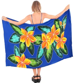 Blue Non-Sheer Hand Painted Yellow Floral and Leaves Beach Wrap For Women