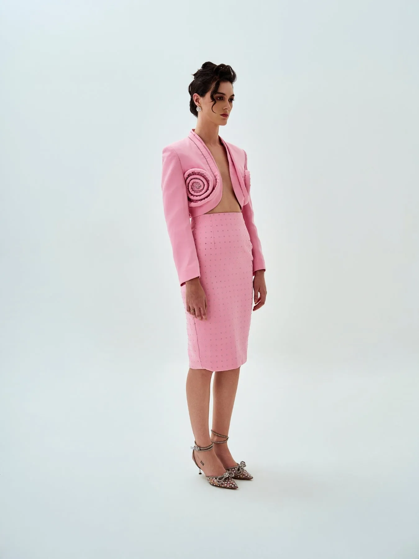 Blush Pink Embellished High-waisted Pencil Skirt