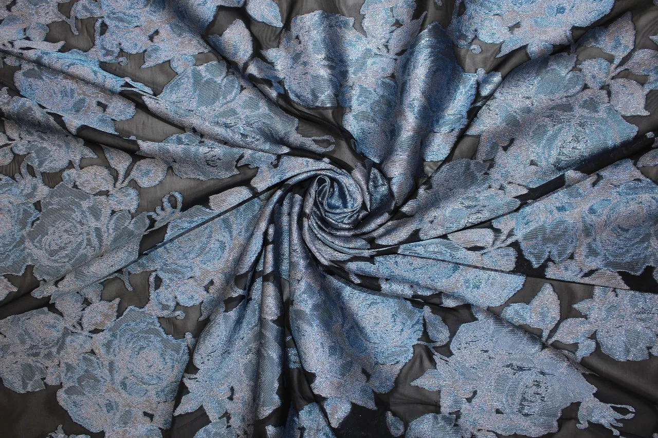 Bold Floral Burnout Brocade - Blues/Silver/Black