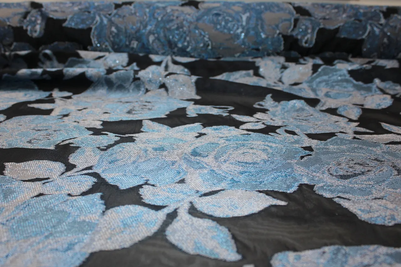 Bold Floral Burnout Brocade - Blues/Silver/Black