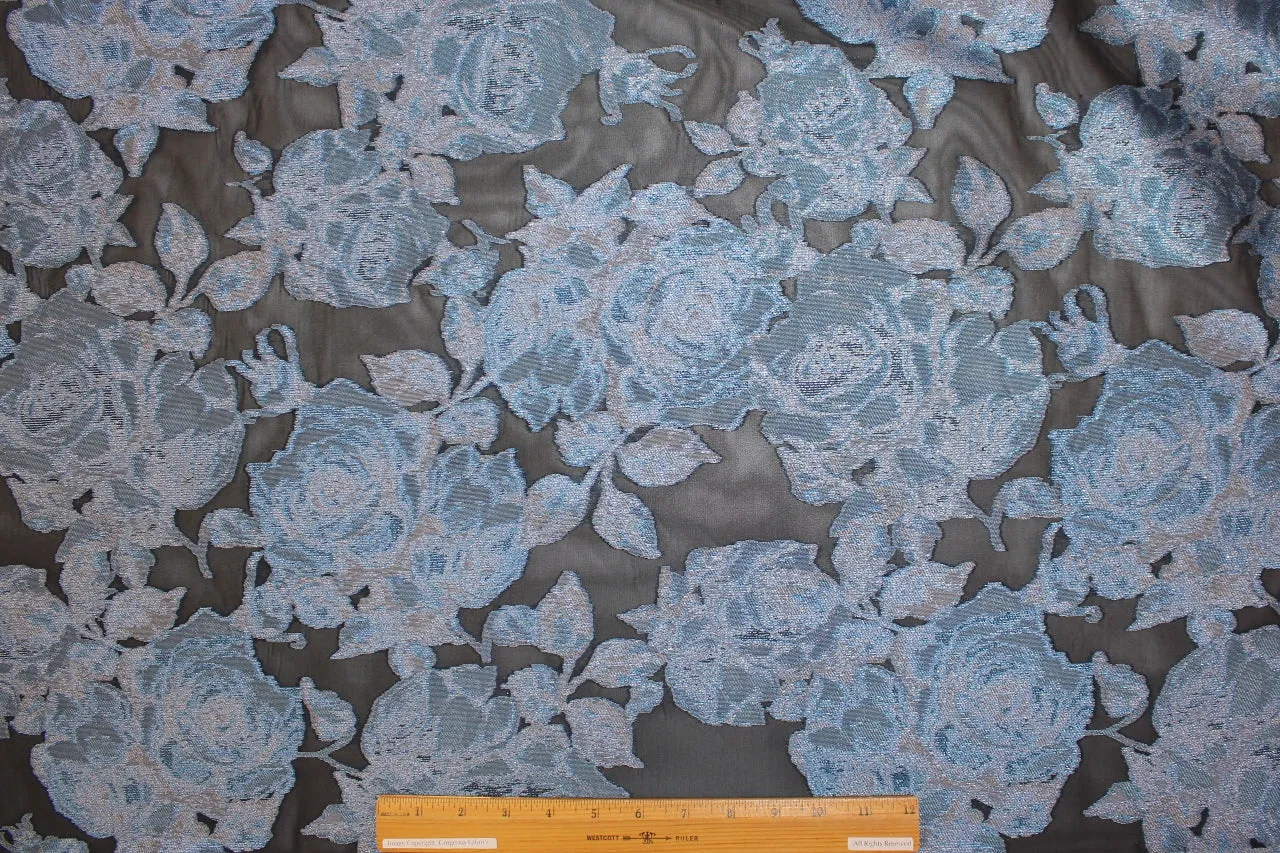 Bold Floral Burnout Brocade - Blues/Silver/Black