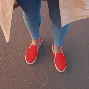 Bright Red Women's Slip Ons, Solid Colorful Red Color Modern Minimalist Women’s Slip-On Canvas Shoes (US Size: 5-12)