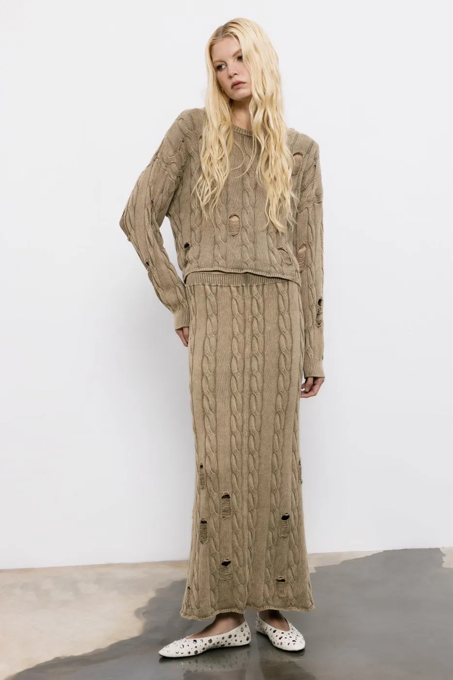 BSL Women Frayed Braided Knitwear Midi Pencil Skirt - Mesquite