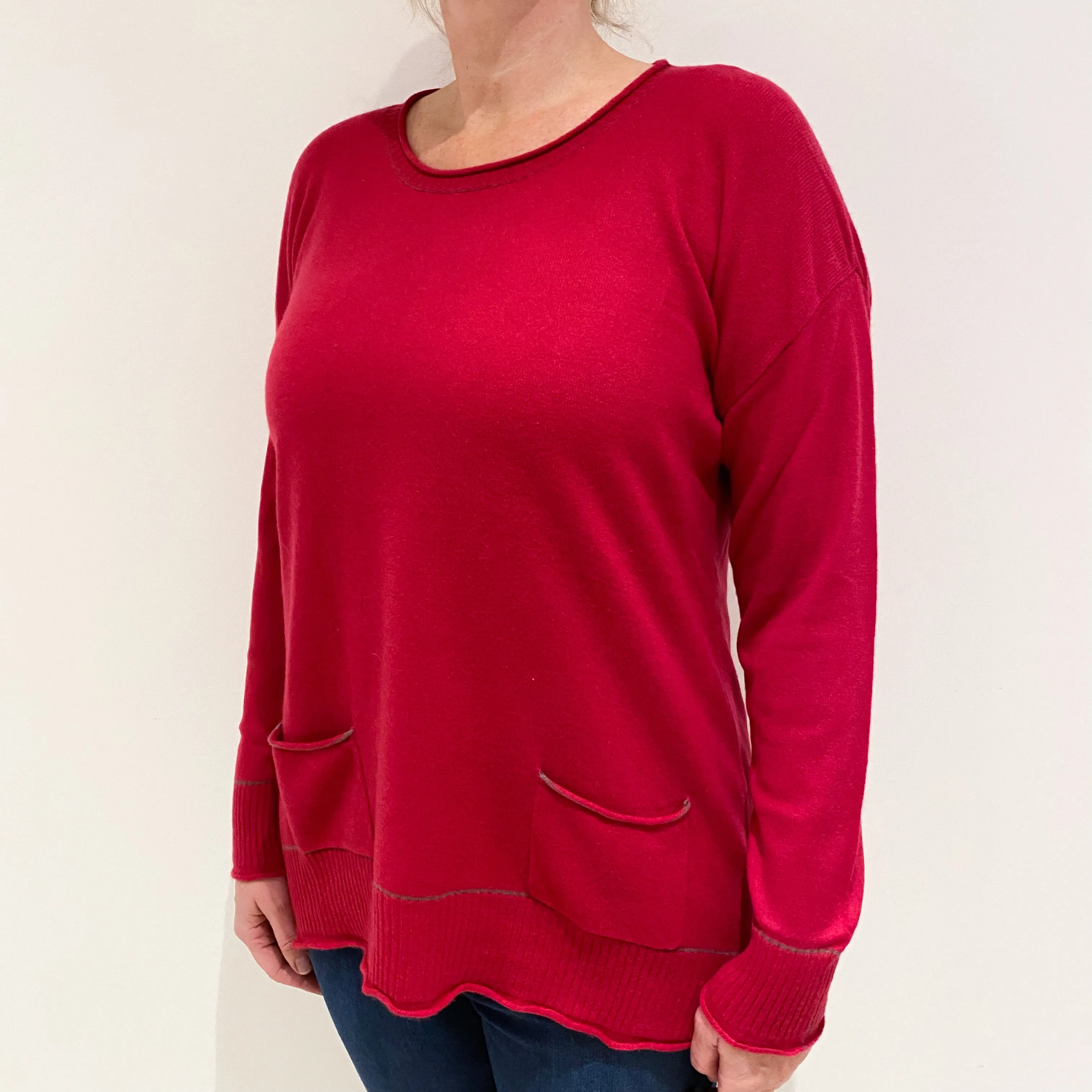 Cherry Pink Cashmere Crew Neck Jumper with Pockets Large
