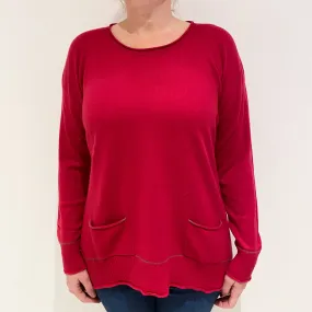 Cherry Pink Cashmere Crew Neck Jumper with Pockets Large
