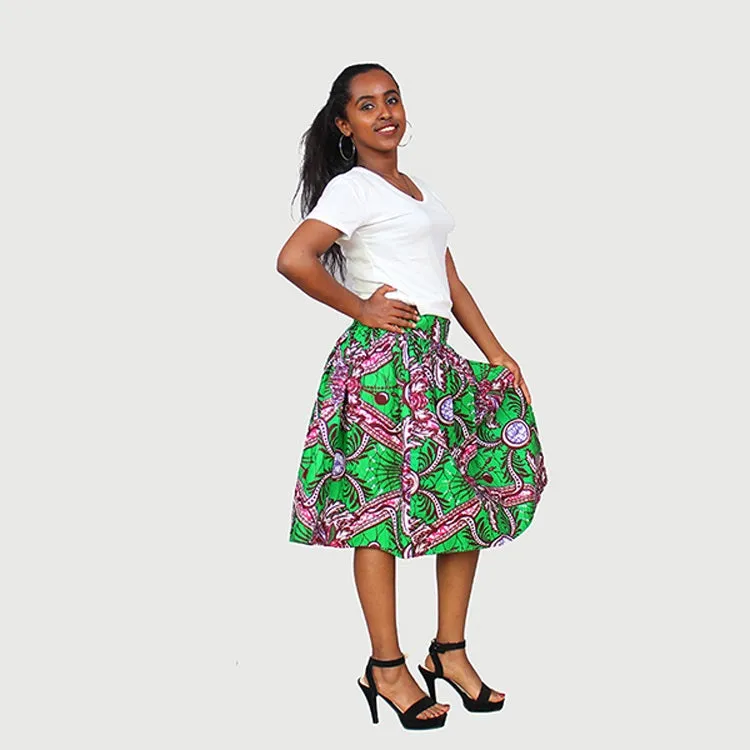 Chic African Traditional Wax Print Green Color Drindl Pleated Knee Length Skirt